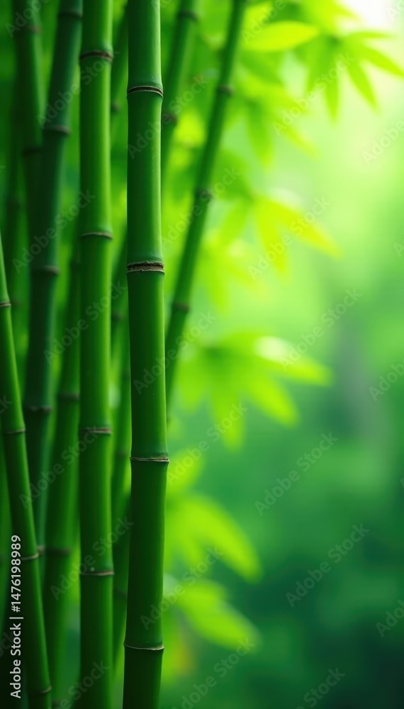 Obraz premium Dense bamboo stalks, vibrant green foliage, bokeh effect, desktop, vertical