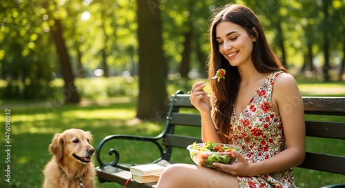 Woman Eating Salad with Dog in Park