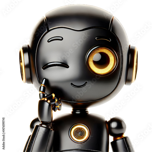 Cute 3D AI black robot with golden eyes looking at camera smiling and winking isolated on white background