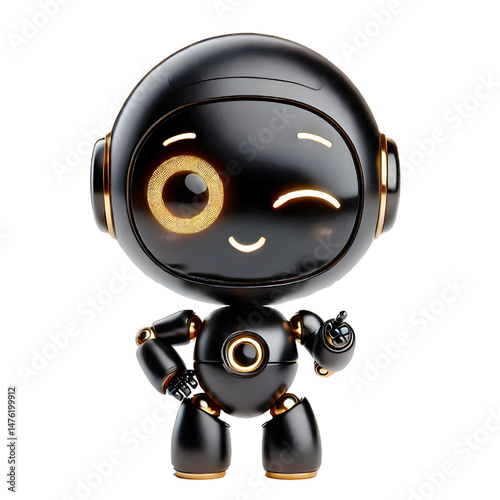 Cute 3D AI black robot with golden eyes looking at camera smiling and winking isolated on white background