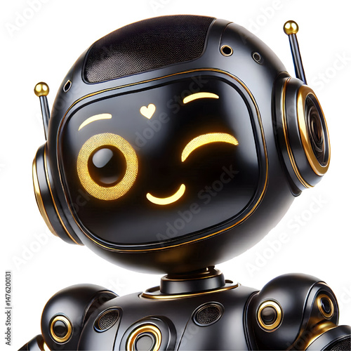 Cute 3D AI black robot with golden eyes looking at camera smiling and winking isolated on white background