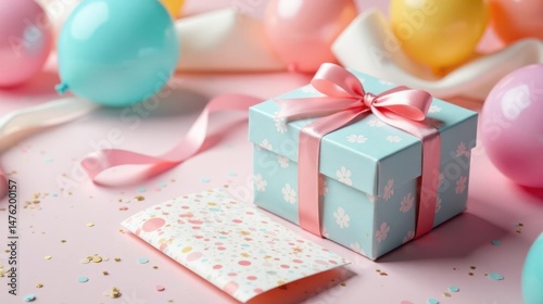 A pastel-colored present adorned with a delicate pink ribbon, nestled among celebratory balloons and confetti, signifying joy and festivity.