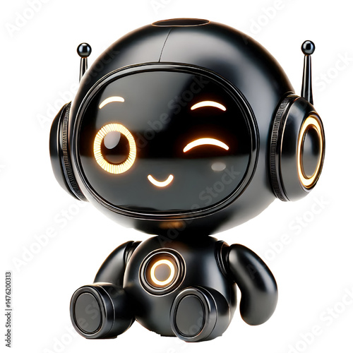 Cute 3D AI black robot with golden eyes looking at camera smiling and winking isolated on white background