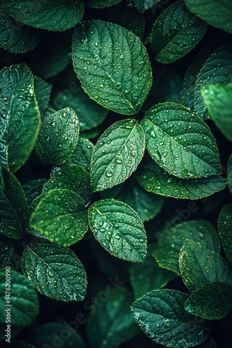 Lush green leaves with dew on a dark textured background