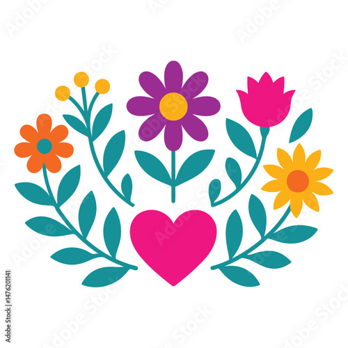 Mexican Otomi flower illustration, Vibrant Fiesta Flower leaf Art, Colorful floral Love Heart Design, Colorful Mexican Flower Fiesta clipart
