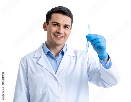 Smiling doctor showcases vial in gloved hand