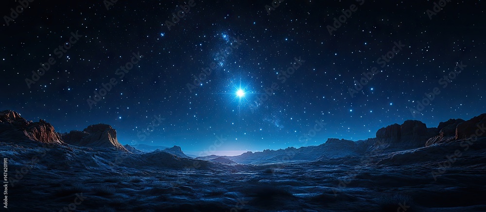A distant, luminous celestial body above a starlit alien landscape.