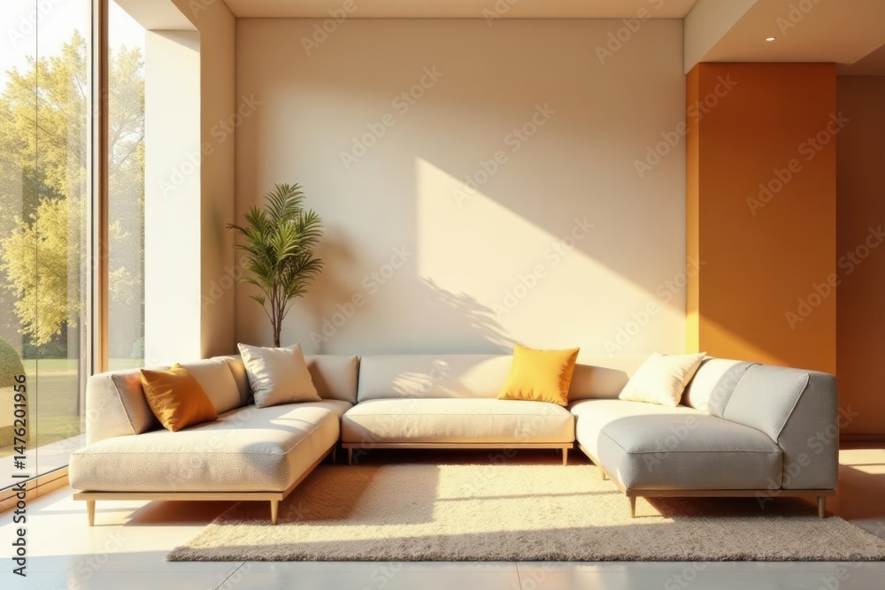 Fototapeta premium Sunlight Illuminates a Modern Sectional Sofa in a Calm and Serene Living Room Featuring a Neutral Color Palette and Natural Textures