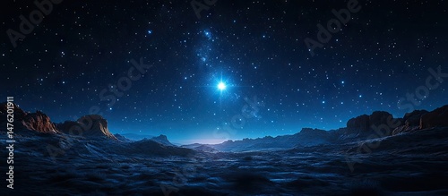 A distant, luminous celestial body above a starlit alien landscape.