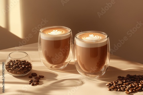 Two glasses of latte art coffee