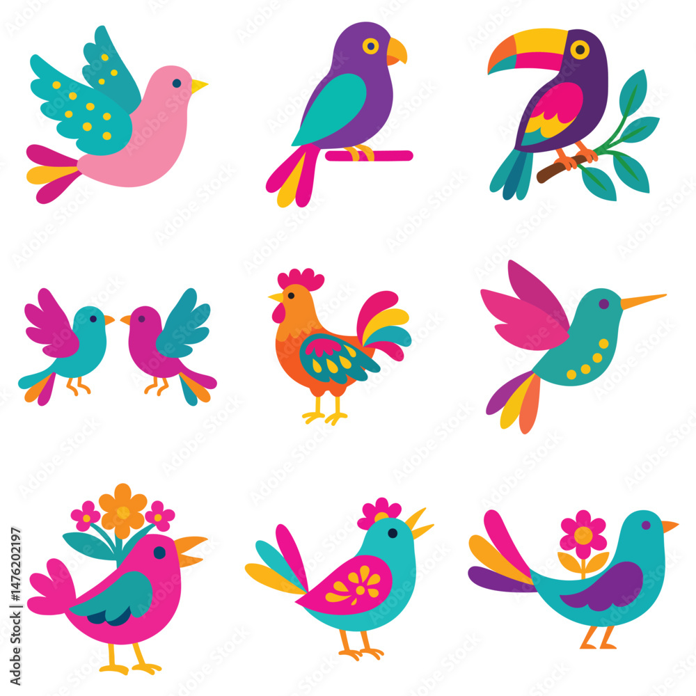 Naklejka premium Set of Mexican Otomi Bird illustration, colorful otomi bird Art, Otomi Bird Enamel vector, Cute colorful bird Design Sublimation
