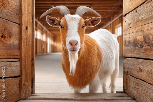 Brown and white goat standing in a wooden barn doorway
