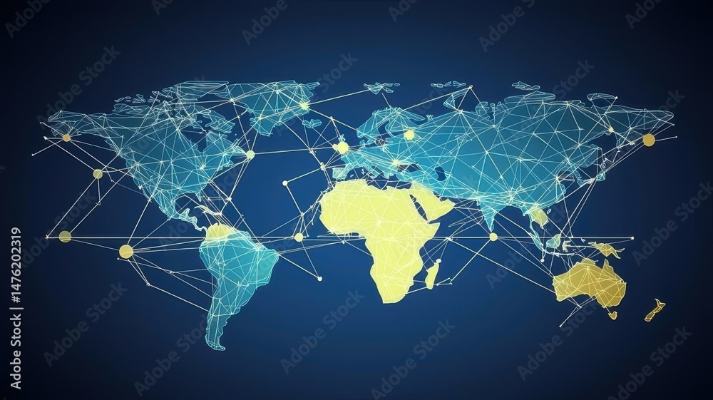 Fototapeta premium Digital World Map with Glowing Network Connections