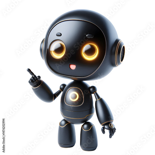 Cute 3D black robot AI with golden eyes pointing and looking up smiling in side view isolated on white background