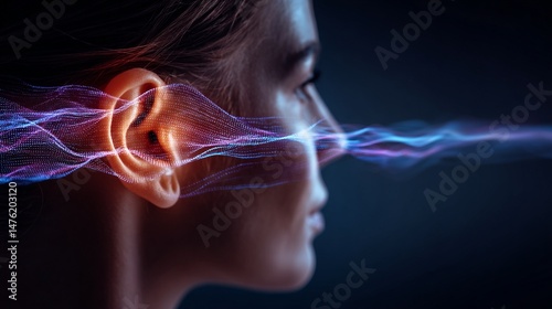Abstract representation of sound waves entering a human ear - hearing technology