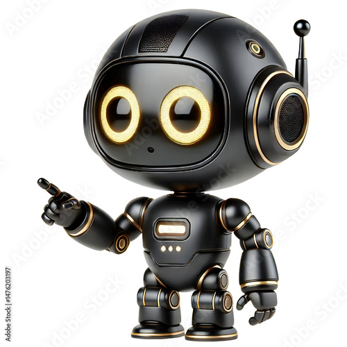 Cute 3D black robot AI with golden eyes pointing and looking up smiling in side view isolated on white background