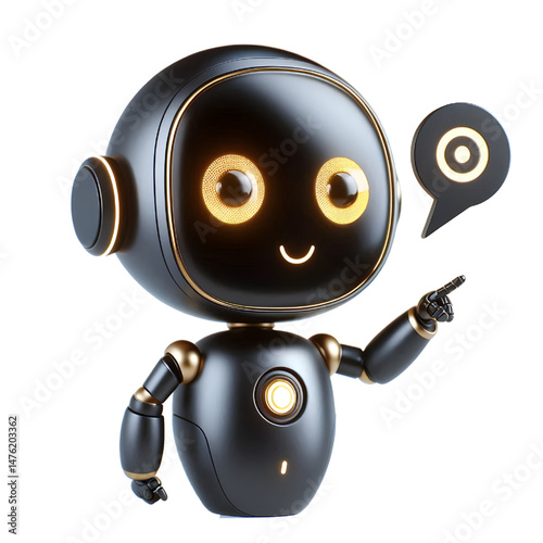 Cute 3D black robot AI with golden eyes pointing and looking up smiling in side view isolated on white background