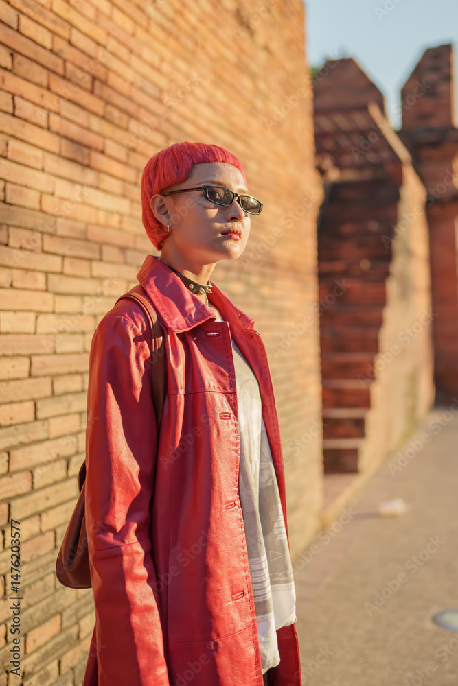 Fototapeta premium Gen z girl leather fashion with punk Asian woman tourist of local city Southeast Asia travel trendy pink hairstyle young female punk traveler walking around in town