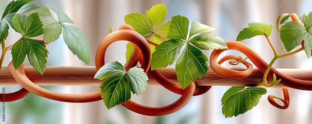 Close-up of grapevine tendrils and green leaves in natural light