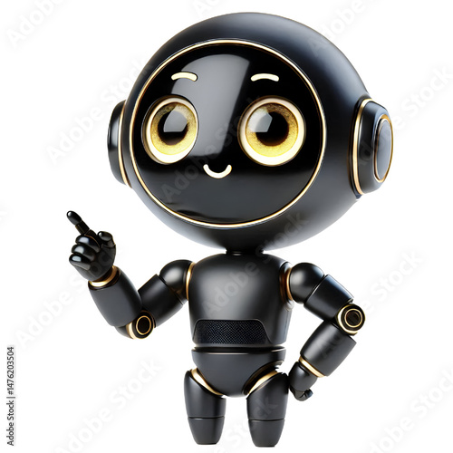 Cute 3D black robot AI with golden eyes pointing and looking up smiling in side view isolated on white background