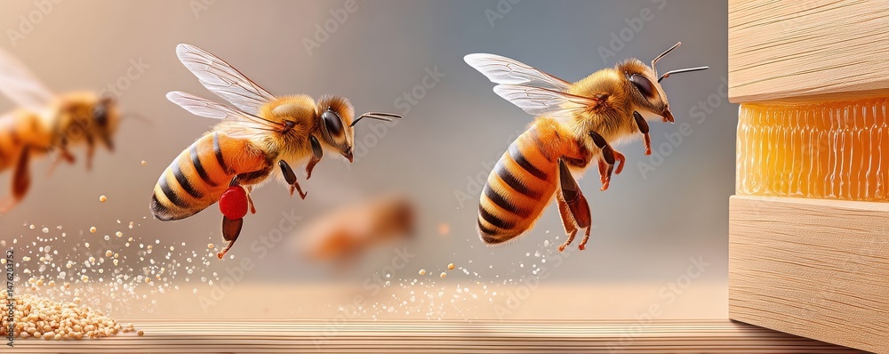 Macro photograph of bees working near a hive with honeycomb details