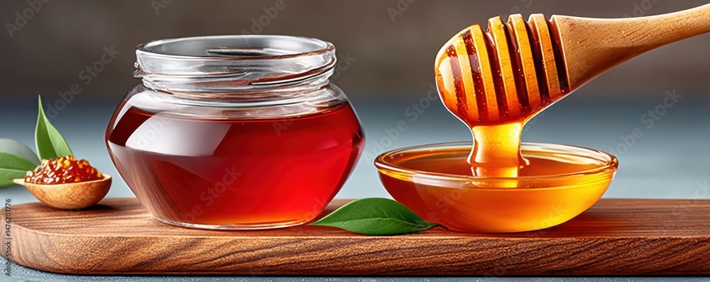 Close-up of golden honey dripping with wooden dipper and jar