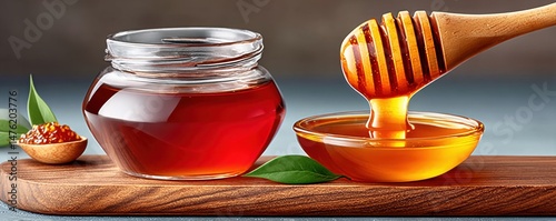 Obraz na płótnie Close-up of golden honey dripping with wooden dipper and jar w salonie