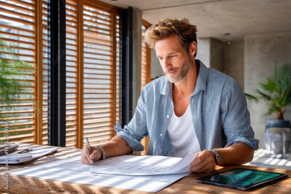 Man working on architectural plans at a rustic desk in natural light