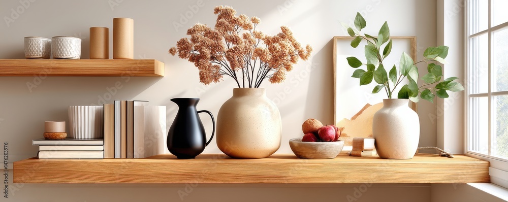 Minimalist shelf decor featuring vases, flowers, books, and wooden accents