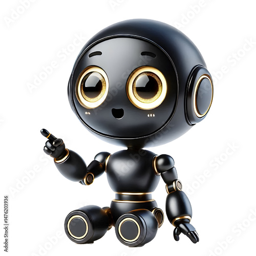 Cute 3D black robot AI with golden eyes pointing and looking up smiling in side view isolated on white background