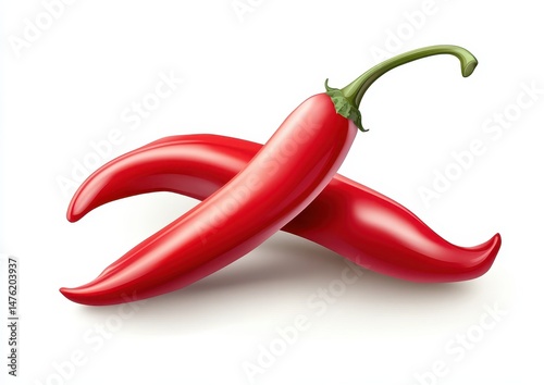 Two vibrant red chili peppers, glossy, crossed photo