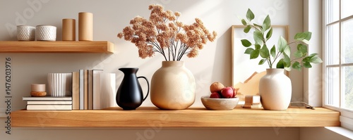 Obraz na płótnie Minimalist shelf decor featuring vases, flowers, books, and wooden accents w salonie