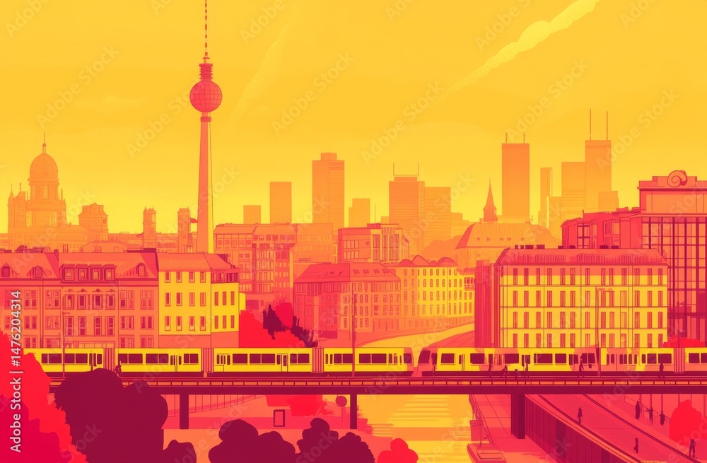 Obraz premium Sunset cityscape view with urban transport