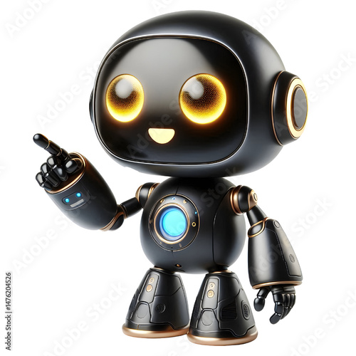 Cute 3D black robot AI with golden eyes pointing and looking up smiling in side view isolated on white background
