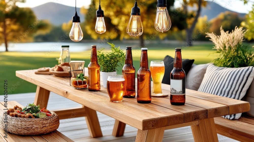 Rustic outdoor dining scene with drinks on a wooden table under stylish lights