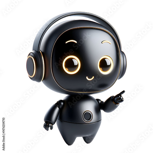 Cute 3D black robot AI with golden eyes pointing and looking up smiling in side view isolated on white background