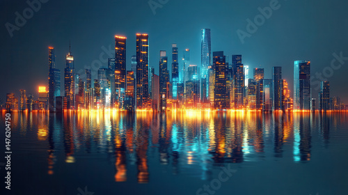 Vibrant Night City Skyline Reflected in Dark Water