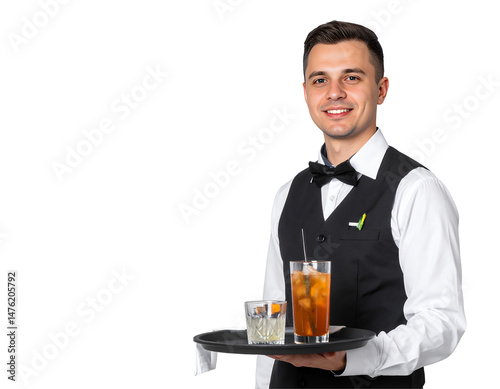 Smiling waiter serves cocktails