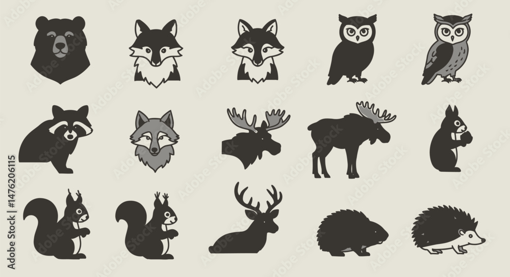 Obraz premium 10 Forest Animal Icons: Bear, Fox, Owl, Raccoon, Moose, Wolf, Squirrel, Deer, Beaver, Hedgehog