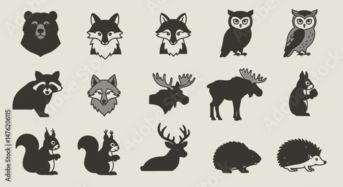 10 Forest Animal Icons: Bear, Fox, Owl, Raccoon, Moose, Wolf, Squirrel, Deer, Beaver, Hedgehog