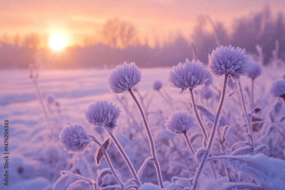 Fototapeta premium Frozen flowers in winter sunrise