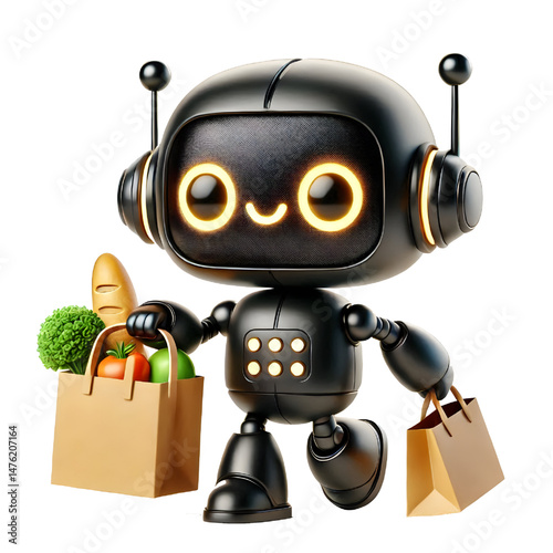 Cute 3D black robot with golden eyes carrying grocery bags and smiling in side view isolated on white background