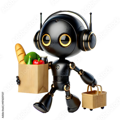 Cute 3D black robot with golden eyes carrying grocery bags and smiling in side view isolated on white background