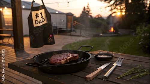 Father's day bbq grilling steak outdoor backyard grill apron dad meat food cooking barbecue celebration party