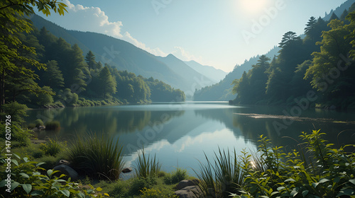 A Serene And Tranquil Landscape Featuring A Still Lake, Lush Greenery, And Soft Sunlight Creating A Calming Atmosphere In Nature.