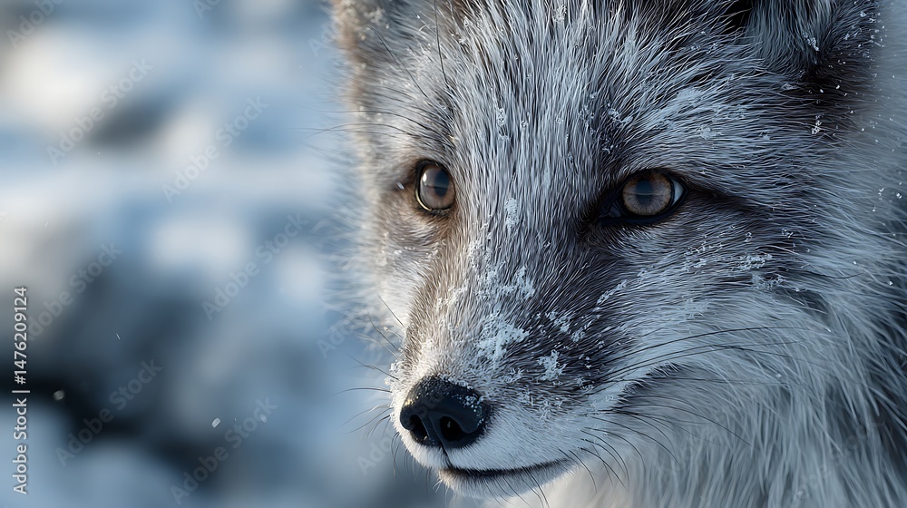 Obraz premium White fox, close-up face in snow, looking ahead