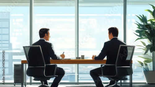 Two businessmen seated facing away from the camera at a modern office desk.