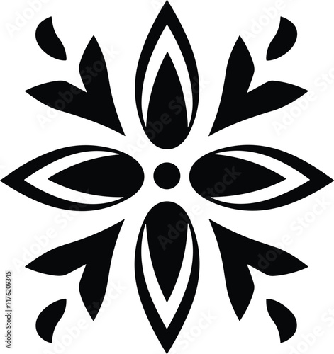 elegant black and white geometric floral design, symmetrical artwork