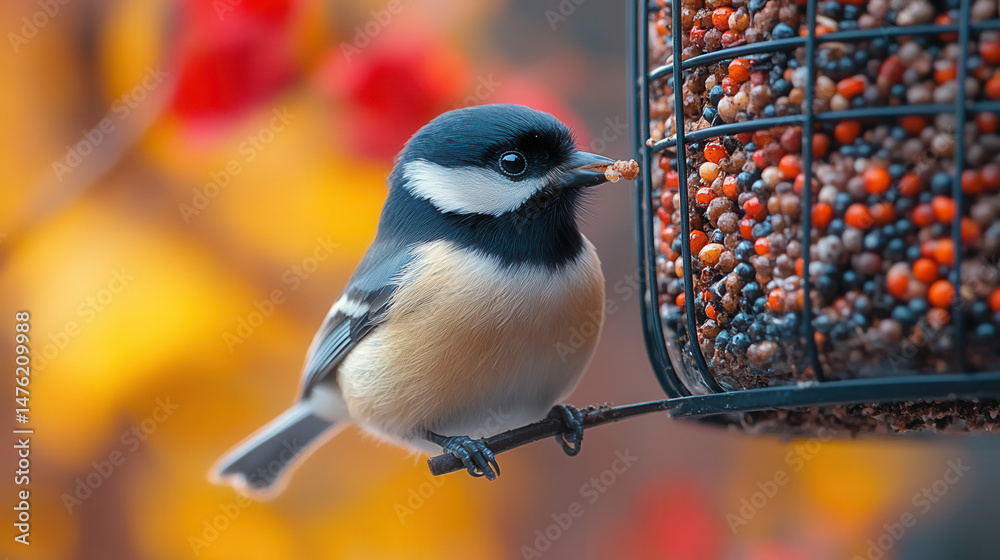 Naklejka premium black-capped chickadee feeding from bird feeder 