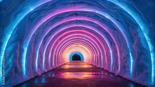A vibrant, illuminated ice tunnel featuring curved walls in shades of blue and pink, creating a captivating and surreal atmosphere.